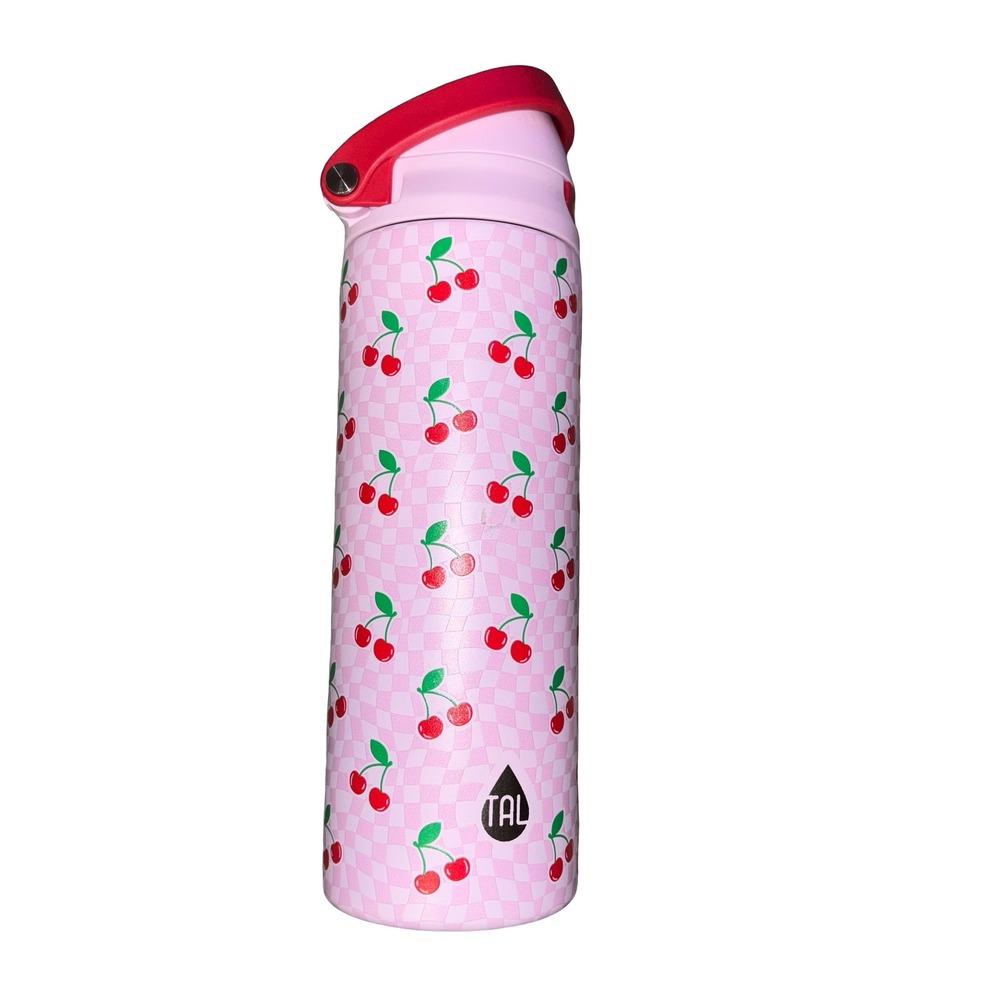TAL 24oz Water Bottle Pink Checkered Cherry Print Stainless Steel Tumbler
